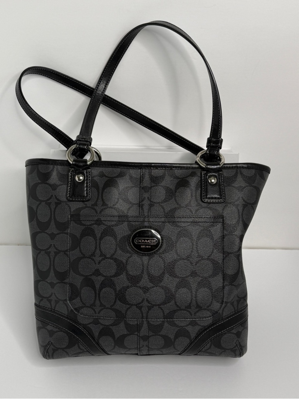 Coach Black Signature Canvas Tote with Leather Trim